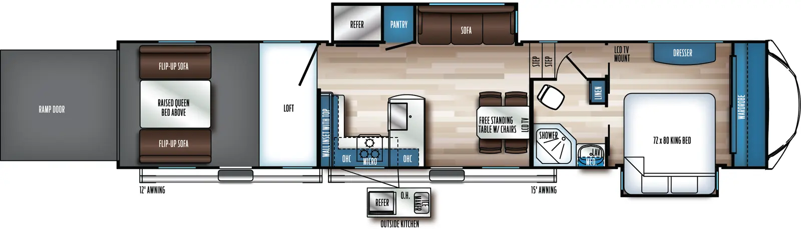 The 373BS13 has two slideouts, two entries, and one ramp door. Exterior features outside kitchen with refrigerator, overhead cabinet, and ice maker, 12 foot awning, and 15 foot awning. Interior layout front to back: front wardrobe, door side king bed slideout, and off-door side dresser and LCD TV mount; door side pass through full bathroom with linen closet and medicine cabinet; steps down to main living area; off-door side slideout with sofa, pantry and refrigerator; door side free-standing table with chairs, LCD TV along inner wall, entry door, peninsula kitchen counter with sink wraps to door side with overhead cabinet, microwave, cooktop, and wraps to inner wall with wall inset with top; rear garage with loft, second entry, and opposing flip-up sofas with raised queen bed above.